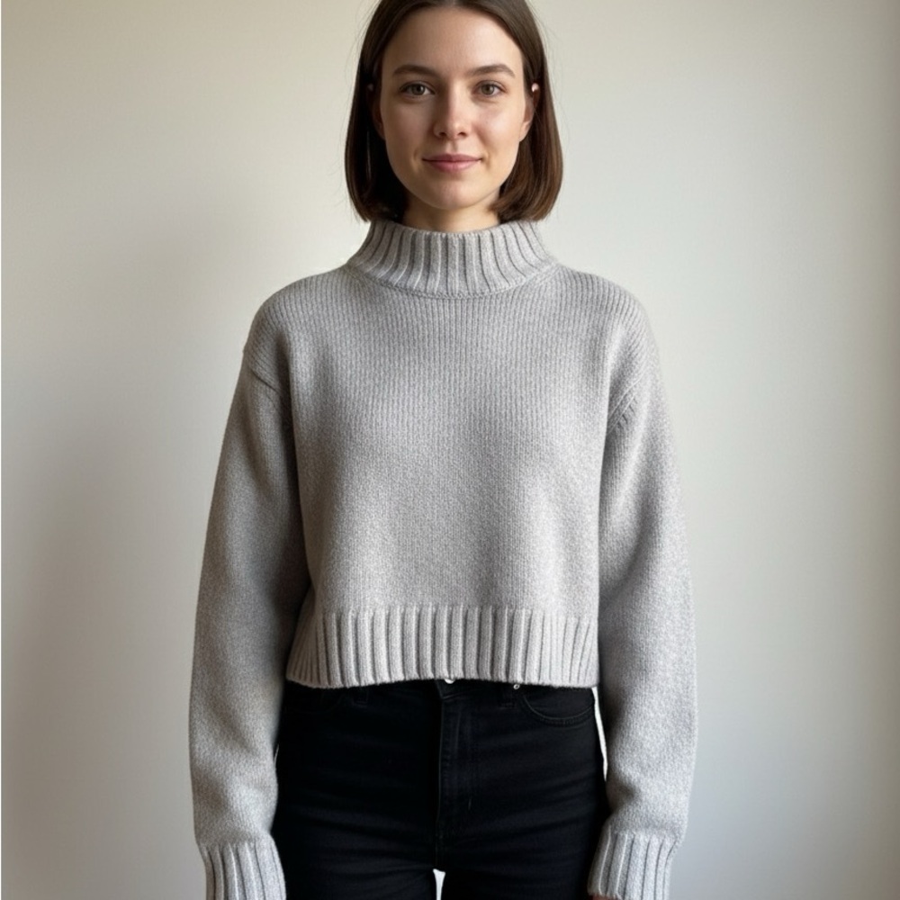 Wilfred Light Gray Crew Neck Cropped 100% Merino Wool Knit Sweater